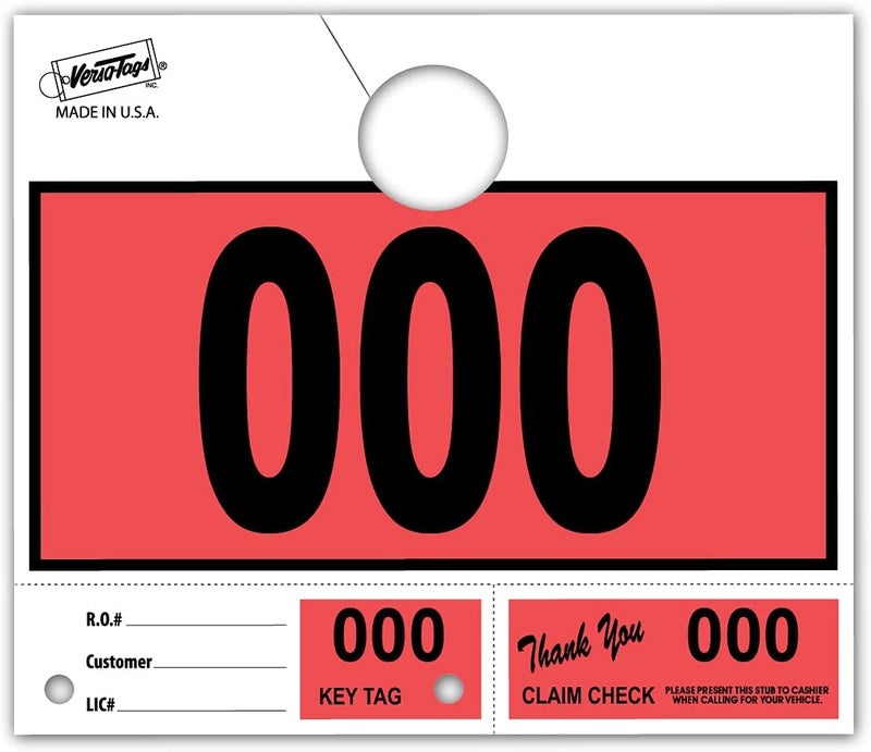 Versa-Tags 1000 Red Car Dealer Service Hang Tags Service Dispatch Numbers, Service Department Numbered Key Tags for Mechanic Repair Shop 3 Part Key Ring - Red (000-999) - Image 1